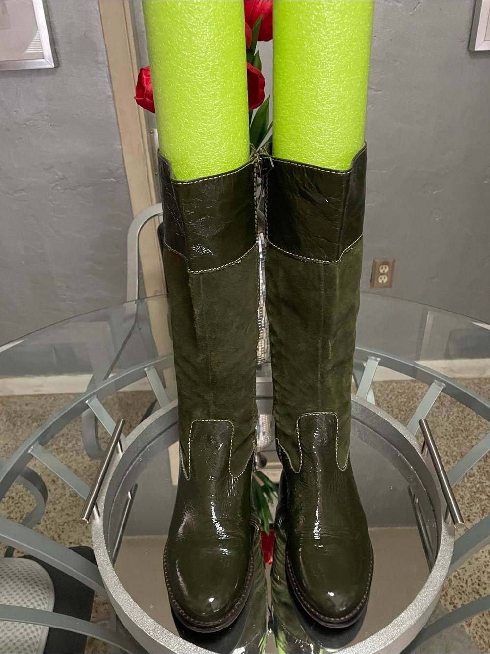 Boden Women's Knee-High Olive Green Suede & Patent Leather Boots GUC Sz 9/39